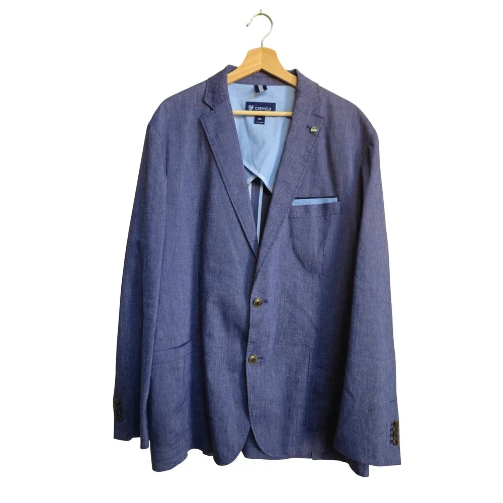 Cremieux Blue Linen Sport Coat XXL Elbow Patch Two Button Butterfly Half Lining